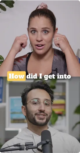 Top: Woman with a surprised expression, holding hands near her face; text reads 'How did I get into'. Bottom: Man with glasses and beard speaking into a microphone in an indoor setting.